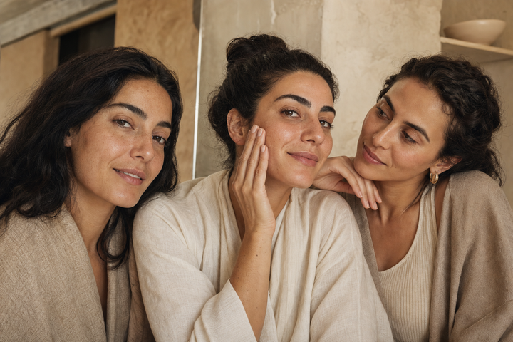 Three women sharing a warm morning skincare ritual