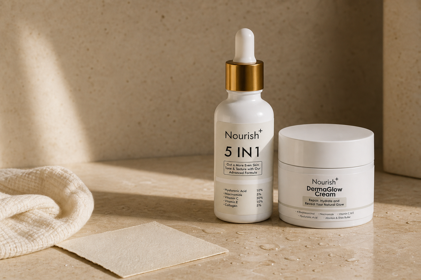 Nourishplus 5 IN 1 serum and DermaGlow Cream on a warm stone bathroom counter