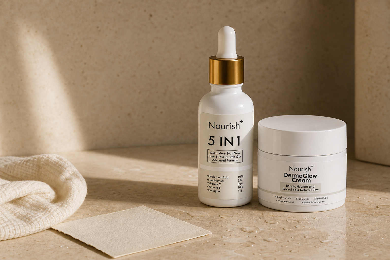 Nourishplus 5 IN 1 serum and DermaGlow Cream on a warm stone bathroom counter