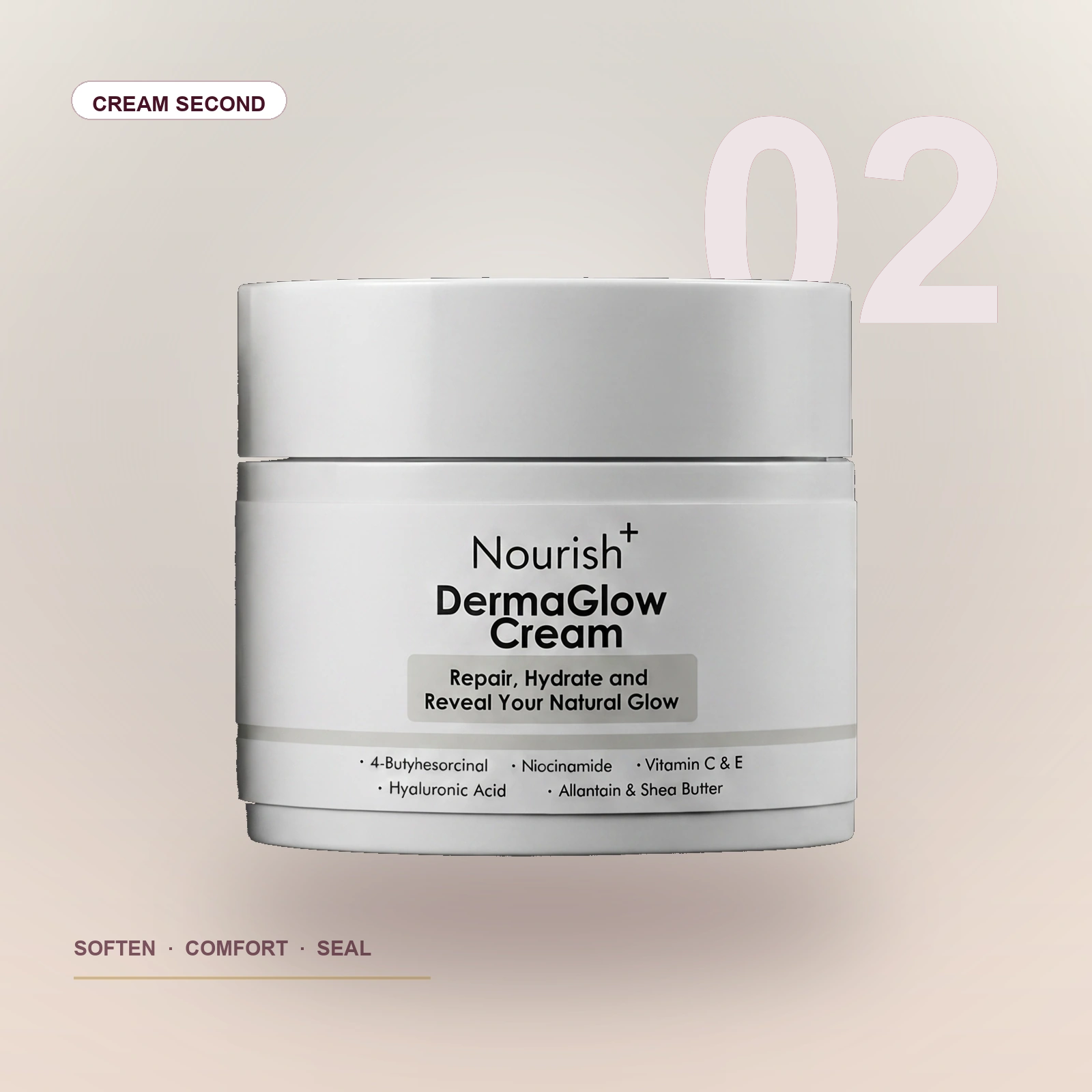 Woman holding the current Nourishplus DermaGlow cream beside a cream swipe