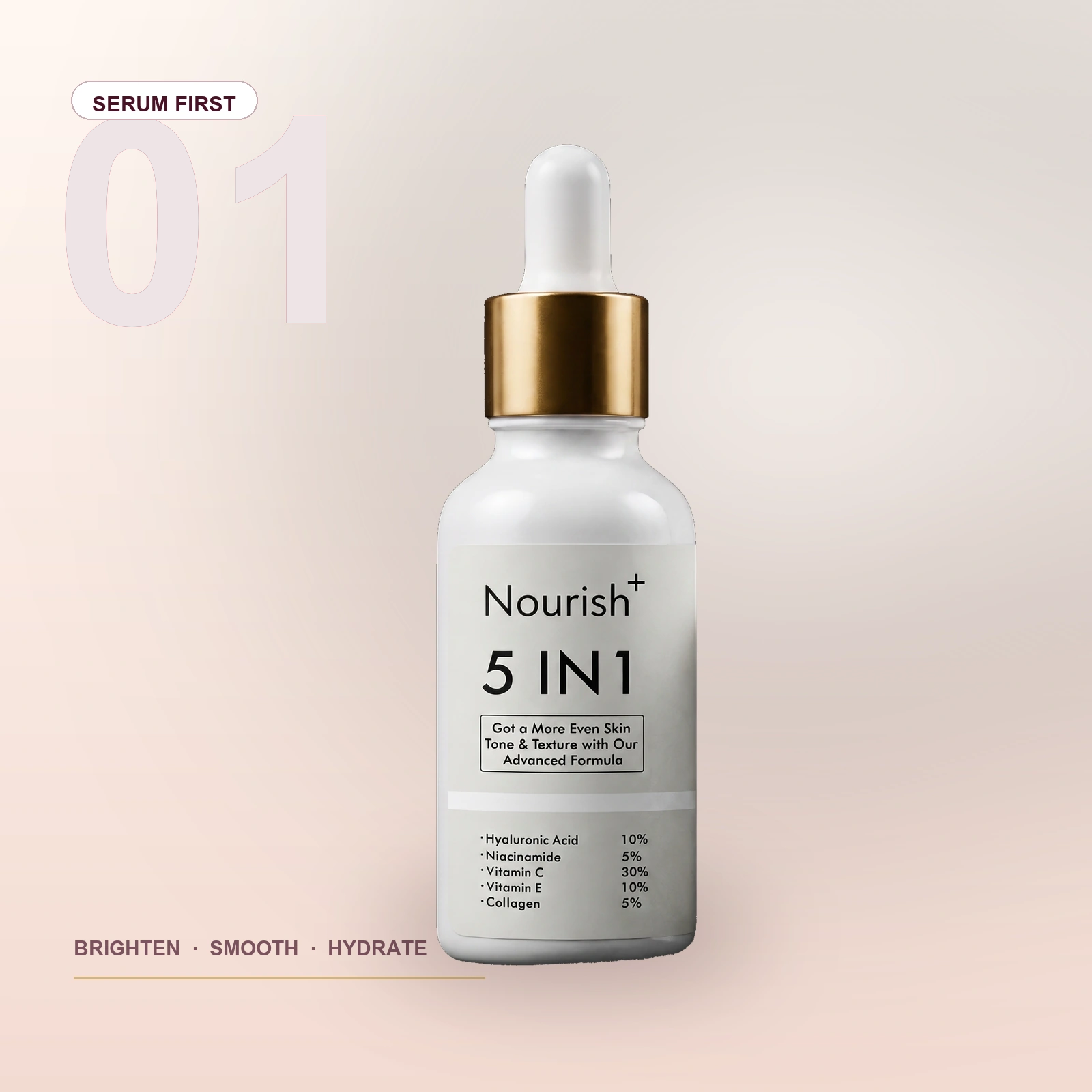 Woman holding and applying the current Nourishplus 5 in 1 face serum
